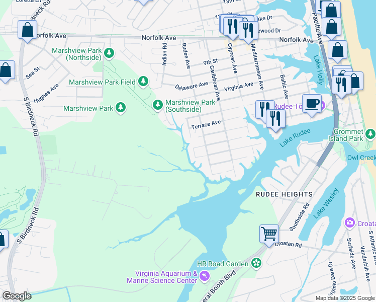 map of restaurants, bars, coffee shops, grocery stores, and more near 120 Indian Ave in Virginia Beach