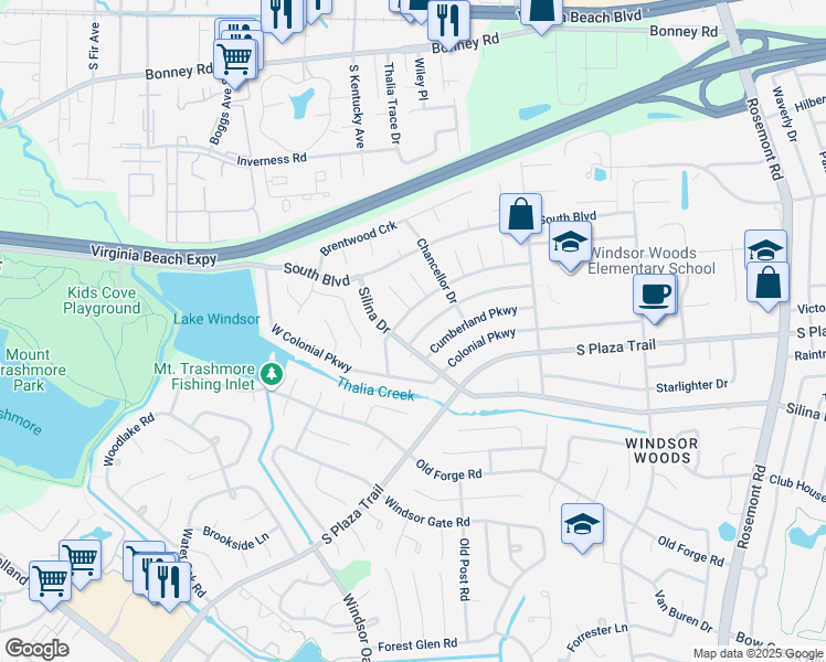 map of restaurants, bars, coffee shops, grocery stores, and more near 3868 William Penn Boulevard in Virginia Beach