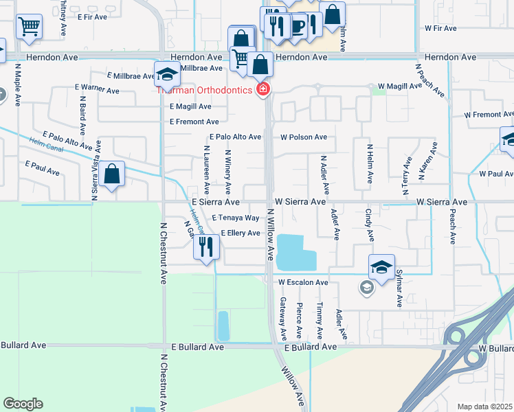 map of restaurants, bars, coffee shops, grocery stores, and more near 3315 East Sierra Avenue in Fresno