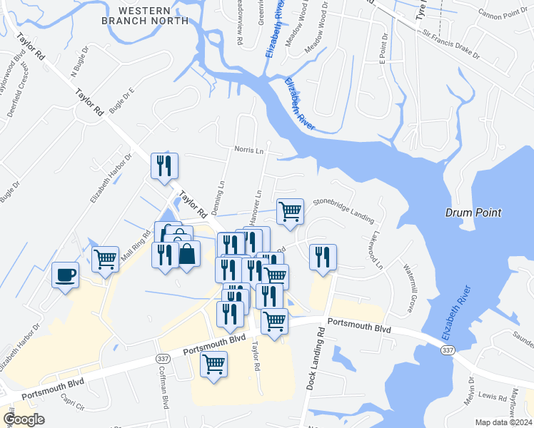 map of restaurants, bars, coffee shops, grocery stores, and more near 4044 Oak Moss Court in Chesapeake
