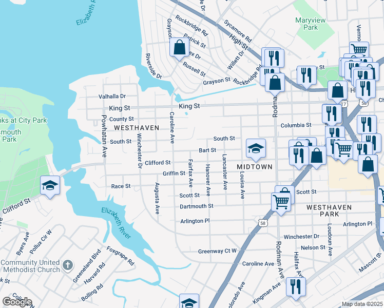 map of restaurants, bars, coffee shops, grocery stores, and more near 4121 Bart Street in Portsmouth