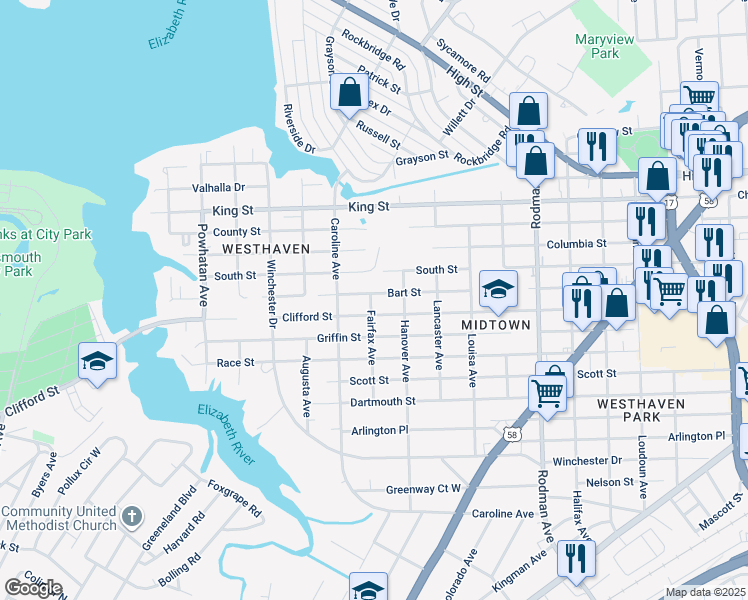 map of restaurants, bars, coffee shops, grocery stores, and more near 4121 Bart Street in Portsmouth
