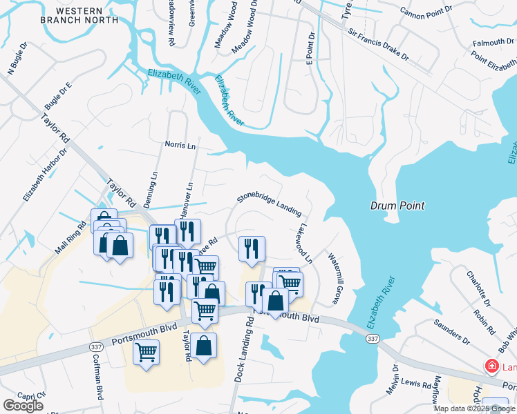 map of restaurants, bars, coffee shops, grocery stores, and more near 2616 Meadows Landing in Chesapeake