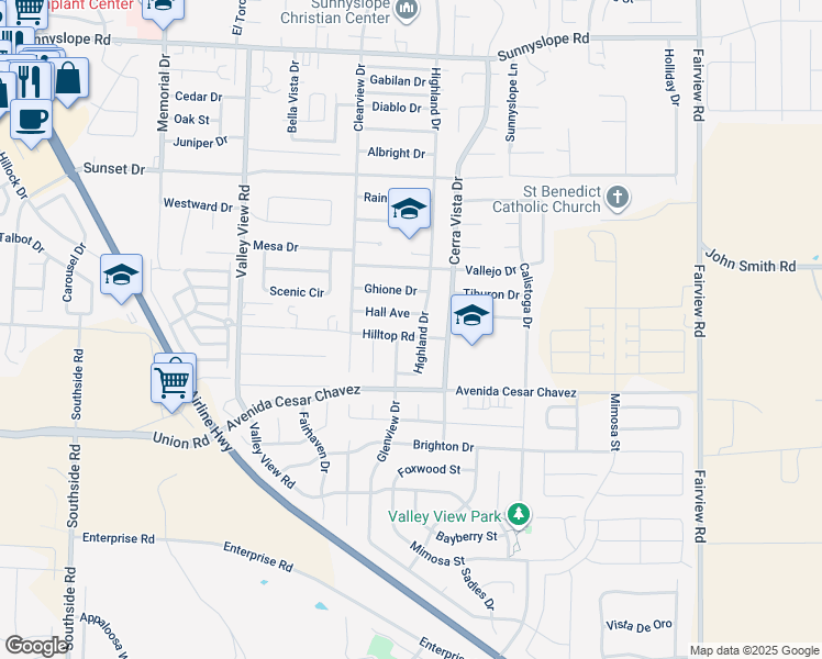map of restaurants, bars, coffee shops, grocery stores, and more near 1570 Hilltop Road in Hollister
