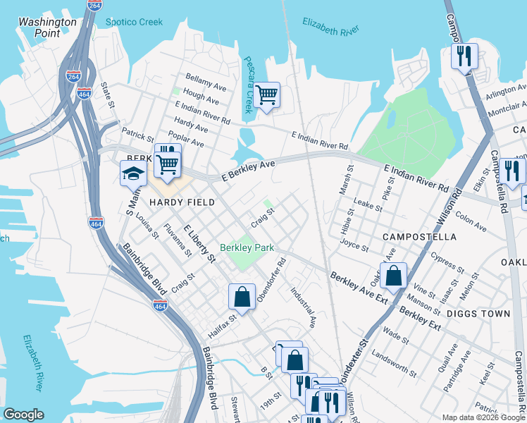 map of restaurants, bars, coffee shops, grocery stores, and more near 801 Whitehead Avenue in Norfolk