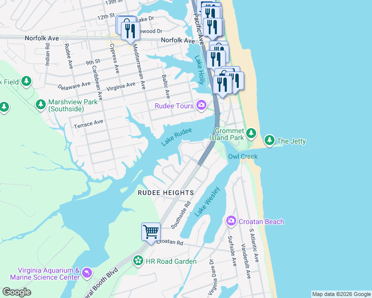 map of restaurants, bars, coffee shops, grocery stores, and more near 419 Harbour Point in Virginia Beach