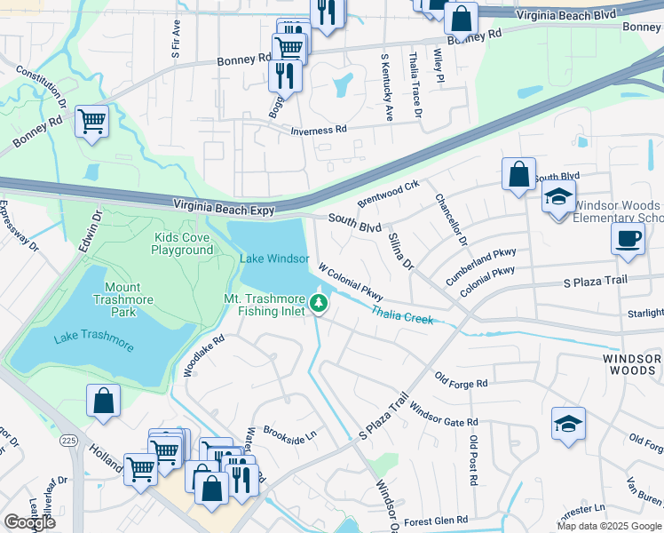 map of restaurants, bars, coffee shops, grocery stores, and more near 4028 West Colonial Parkway in Virginia Beach