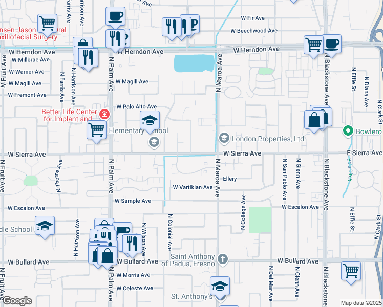map of restaurants, bars, coffee shops, grocery stores, and more near 501 West Sierra Avenue in Fresno