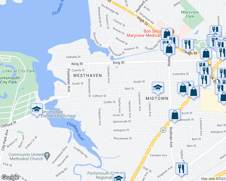 map of restaurants, bars, coffee shops, grocery stores, and more near 4215 Bart Street in Portsmouth