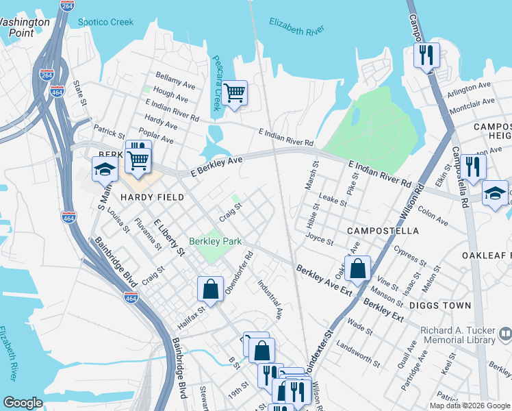map of restaurants, bars, coffee shops, grocery stores, and more near 426 Middlesex Street in Norfolk