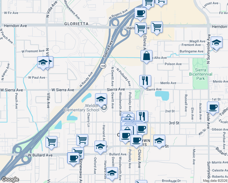 map of restaurants, bars, coffee shops, grocery stores, and more near 405 1st Street in Clovis