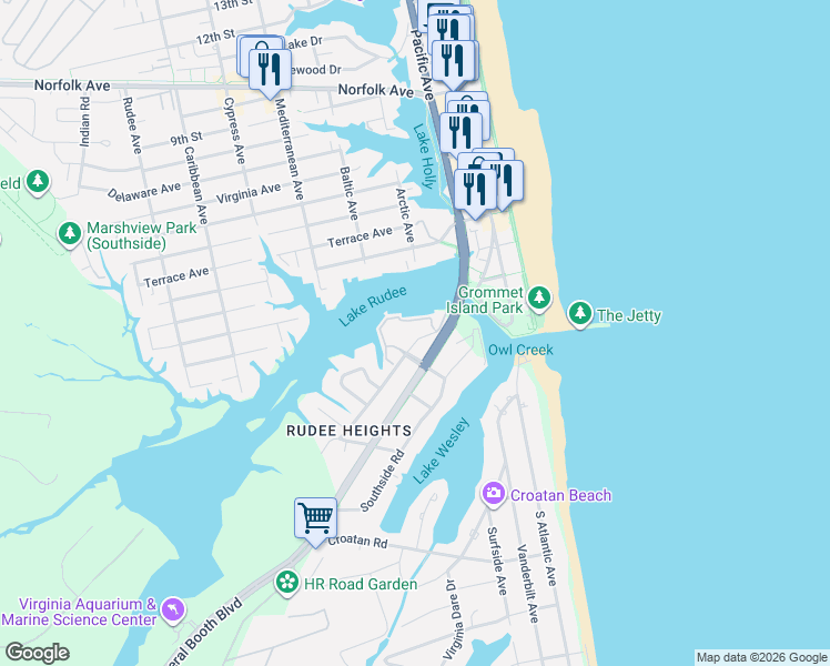 map of restaurants, bars, coffee shops, grocery stores, and more near 408 Harbour Point in Virginia Beach