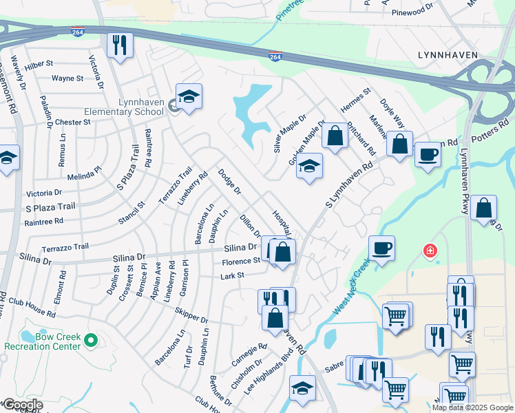 map of restaurants, bars, coffee shops, grocery stores, and more near 360 Dodge Drive in Virginia Beach