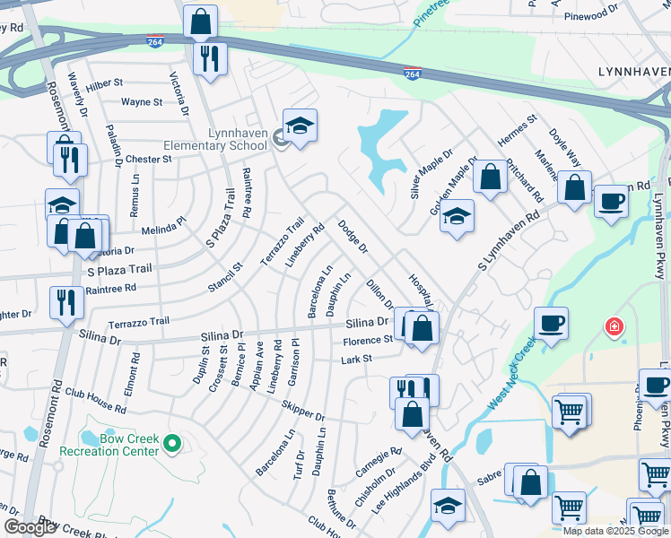 map of restaurants, bars, coffee shops, grocery stores, and more near 317 Dauphin Lane in Virginia Beach