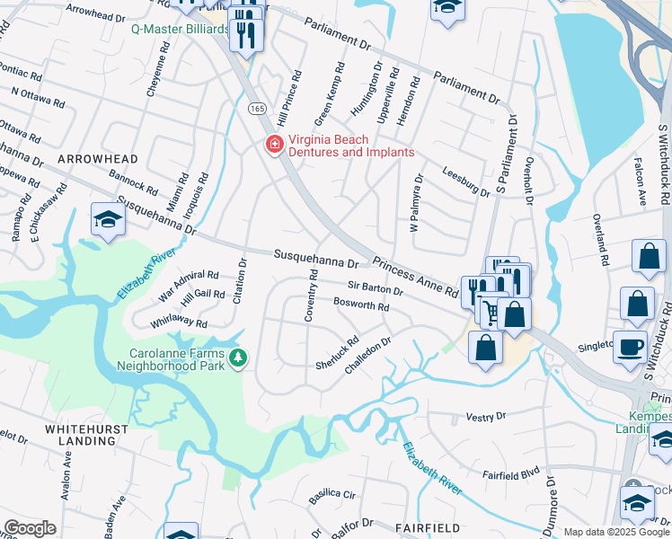 map of restaurants, bars, coffee shops, grocery stores, and more near 5395 Sir Barton Drive in Virginia Beach