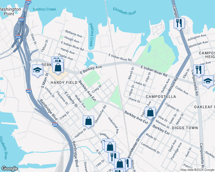 map of restaurants, bars, coffee shops, grocery stores, and more near 426 Middlesex Street in Norfolk