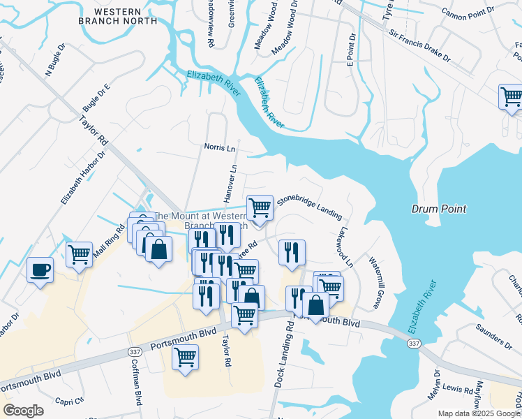 map of restaurants, bars, coffee shops, grocery stores, and more near 4019 Oak Moss Court in Chesapeake