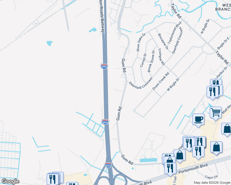 map of restaurants, bars, coffee shops, grocery stores, and more near 2544 Gum Road in Chesapeake