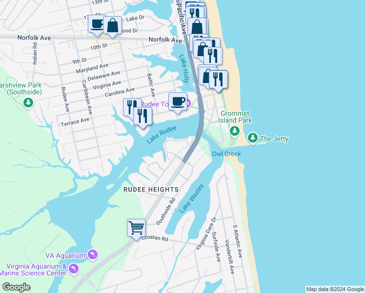 map of restaurants, bars, coffee shops, grocery stores, and more near 417 Harbour Point in Virginia Beach