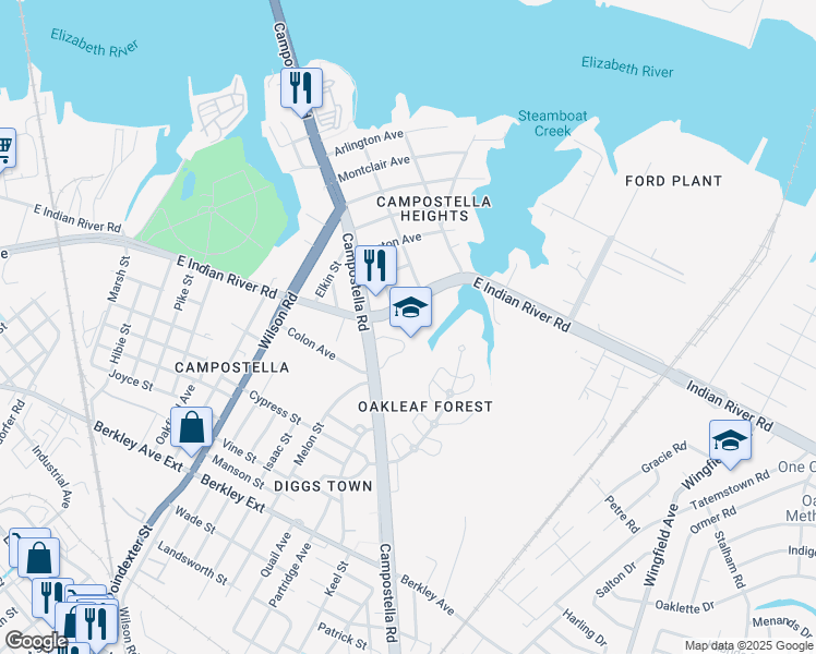 map of restaurants, bars, coffee shops, grocery stores, and more near 1106 Campostella Road in Norfolk