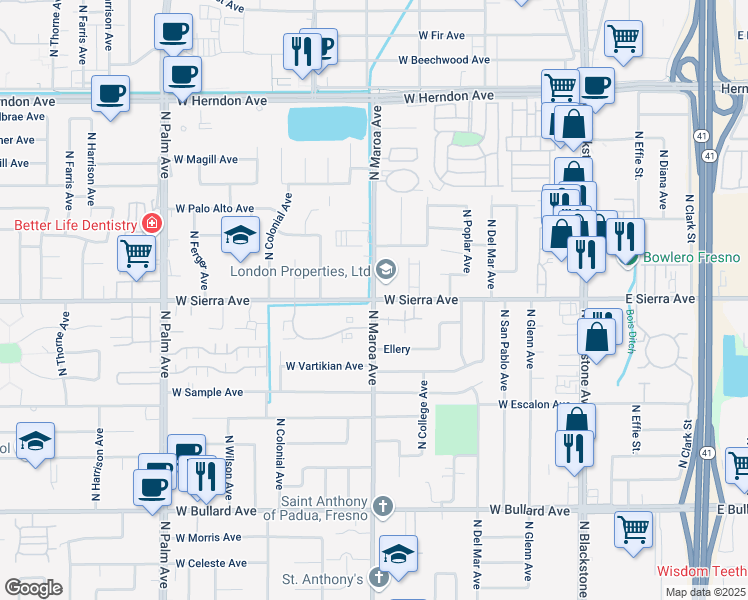 map of restaurants, bars, coffee shops, grocery stores, and more near North Maroa Avenue & West Sierra Avenue in Fresno