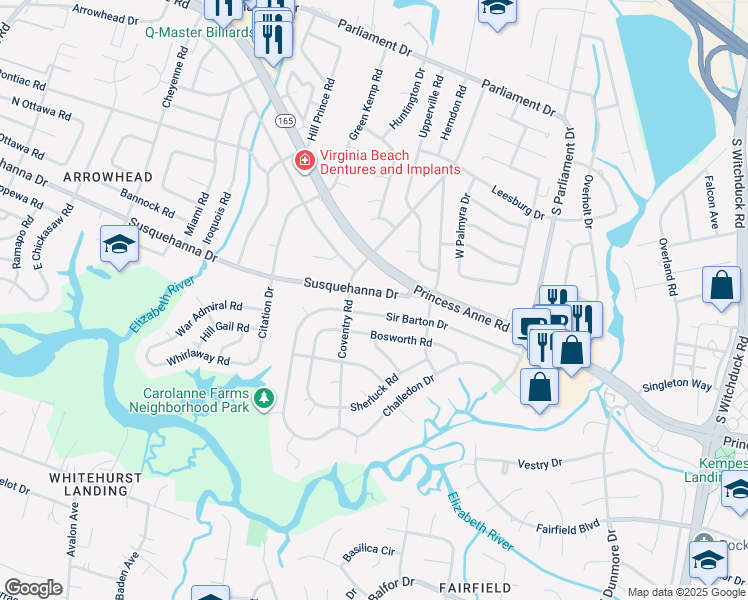 map of restaurants, bars, coffee shops, grocery stores, and more near 5395 Sir Barton Drive in Virginia Beach