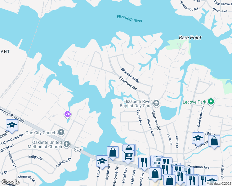 map of restaurants, bars, coffee shops, grocery stores, and more near 4216 Goldcrest Drive in Chesapeake