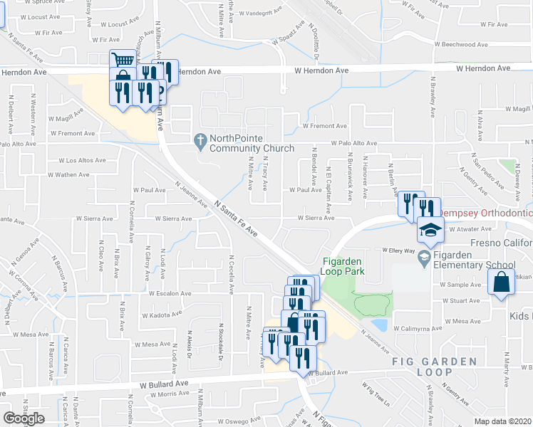 map of restaurants, bars, coffee shops, grocery stores, and more near 4442 West Sierra Avenue in Fresno