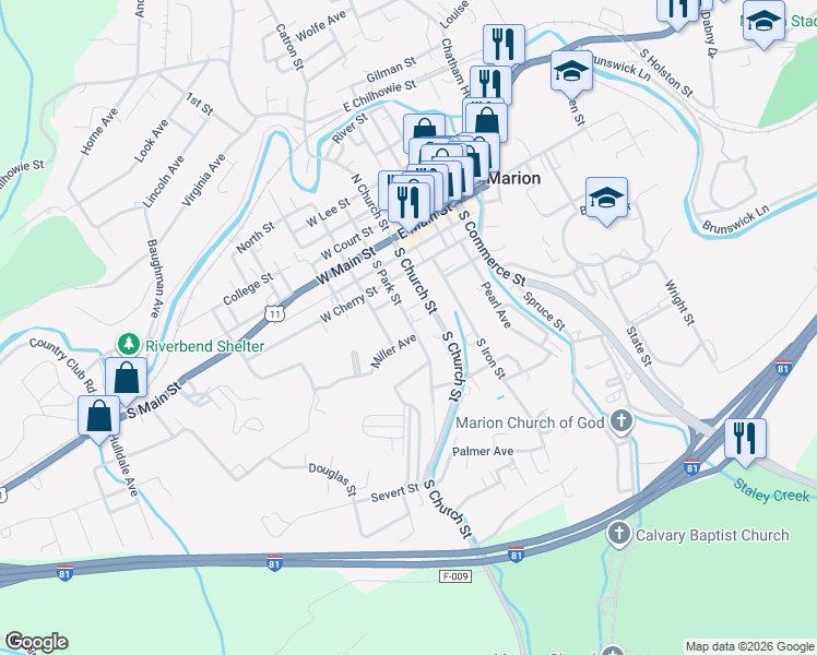 map of restaurants, bars, coffee shops, grocery stores, and more near 328 S Park St in Marion