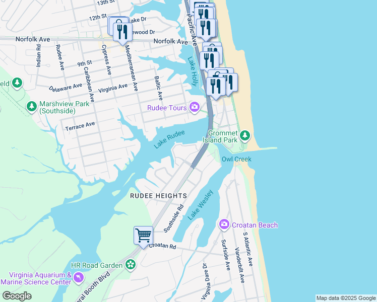map of restaurants, bars, coffee shops, grocery stores, and more near 408 Harbour Point in Virginia Beach