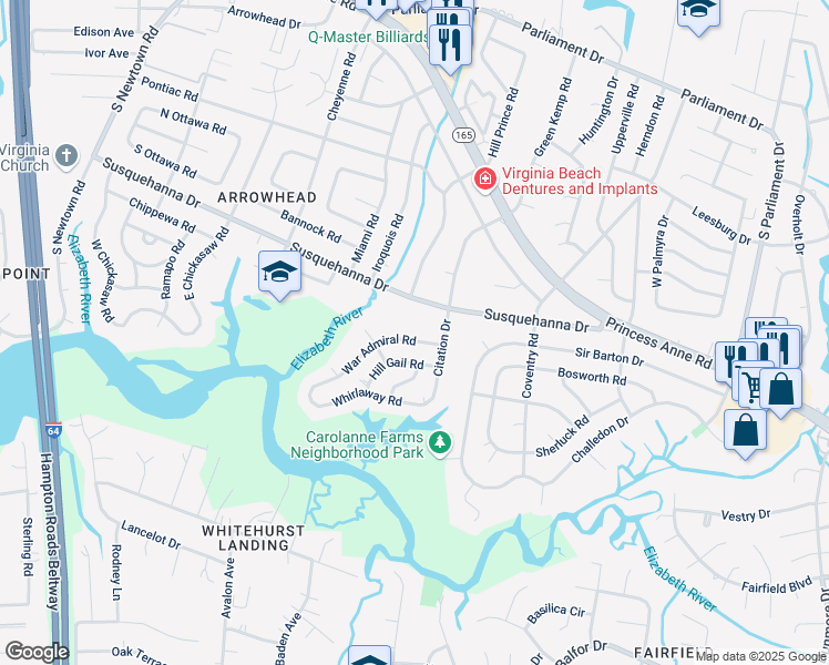 map of restaurants, bars, coffee shops, grocery stores, and more near 321 Citation Drive in Virginia Beach