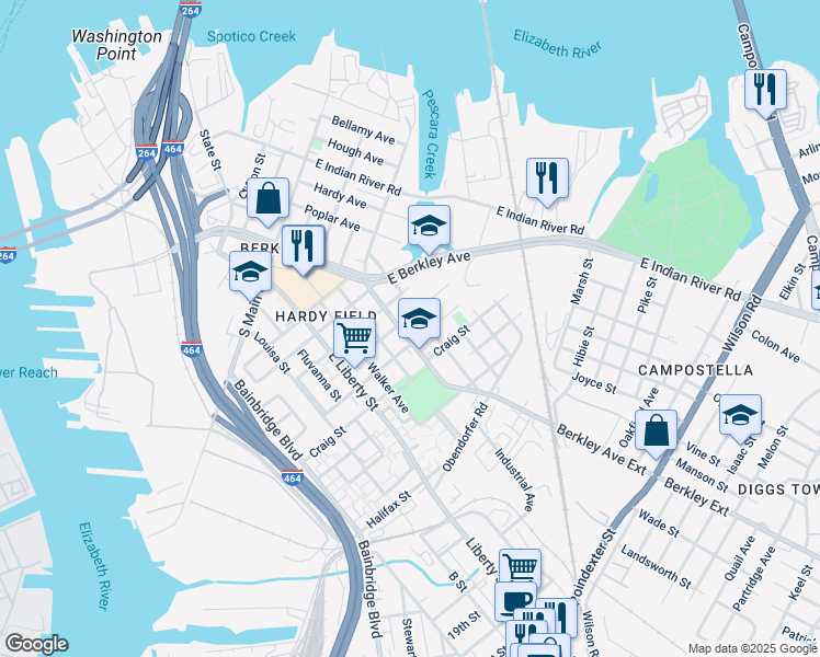 map of restaurants, bars, coffee shops, grocery stores, and more near 610 Berkley Avenue Extension in Norfolk