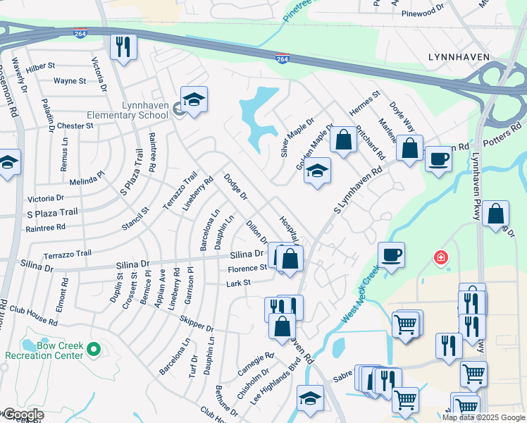 map of restaurants, bars, coffee shops, grocery stores, and more near 360 Dodge Drive in Virginia Beach