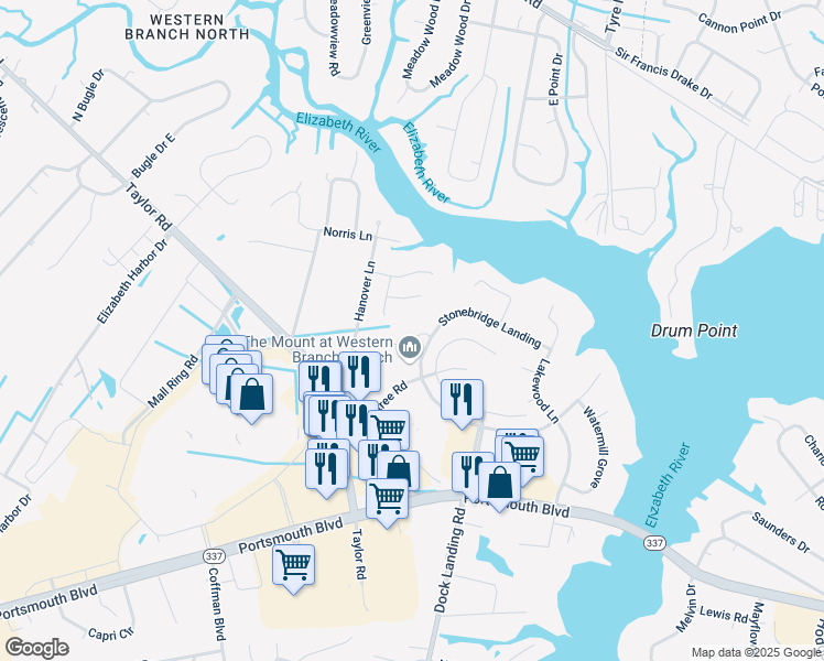 map of restaurants, bars, coffee shops, grocery stores, and more near 4019 Oak Moss Court in Chesapeake