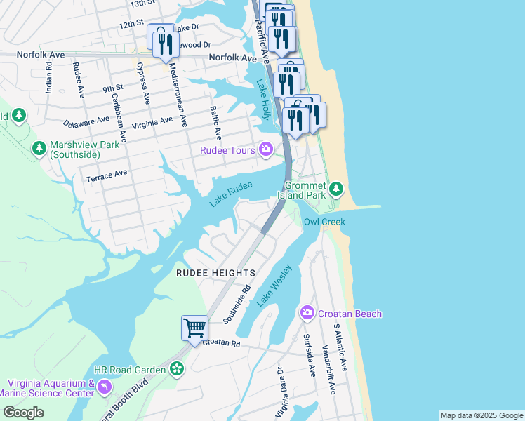 map of restaurants, bars, coffee shops, grocery stores, and more near 407 Harbour Point in Virginia Beach
