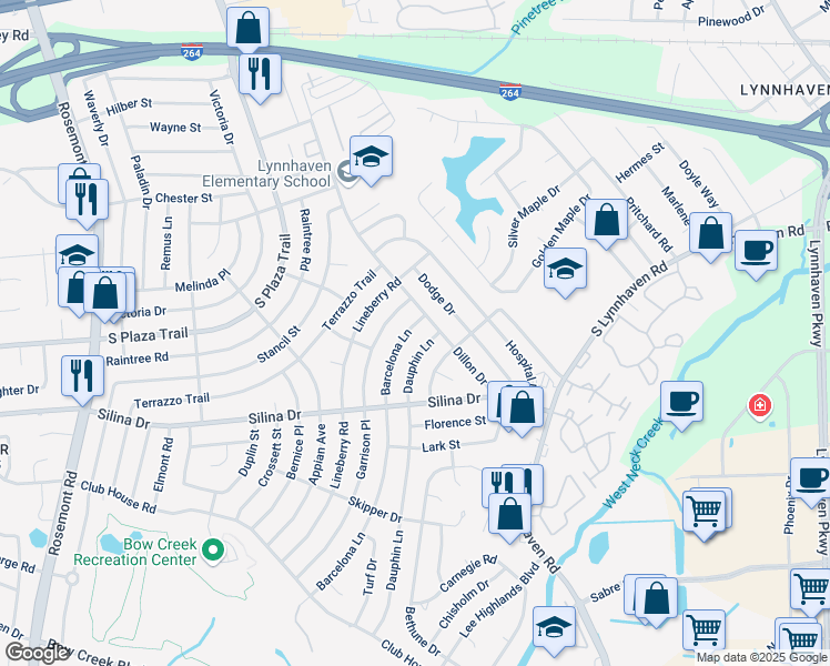 map of restaurants, bars, coffee shops, grocery stores, and more near 317 Dauphin Lane in Virginia Beach
