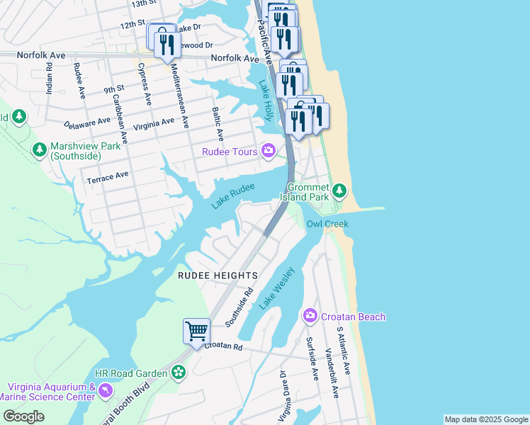 map of restaurants, bars, coffee shops, grocery stores, and more near 407 Harbour Point in Virginia Beach