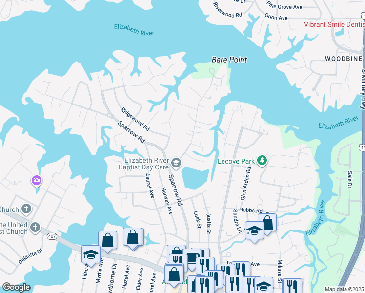map of restaurants, bars, coffee shops, grocery stores, and more near 824 East Sparrow Road in Virginia Beach