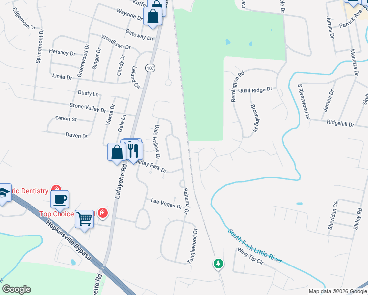 map of restaurants, bars, coffee shops, grocery stores, and more near Bahama Drive in Hopkinsville