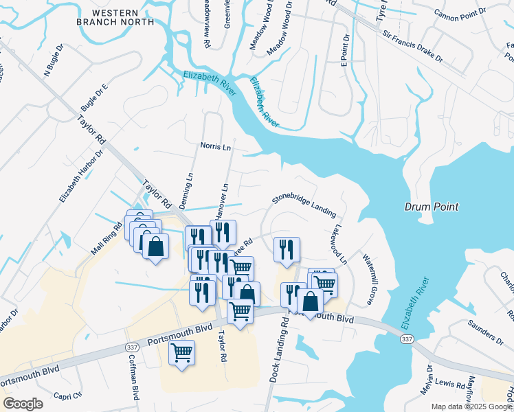 map of restaurants, bars, coffee shops, grocery stores, and more near 4014 Oak Moss Ct in Chesapeake
