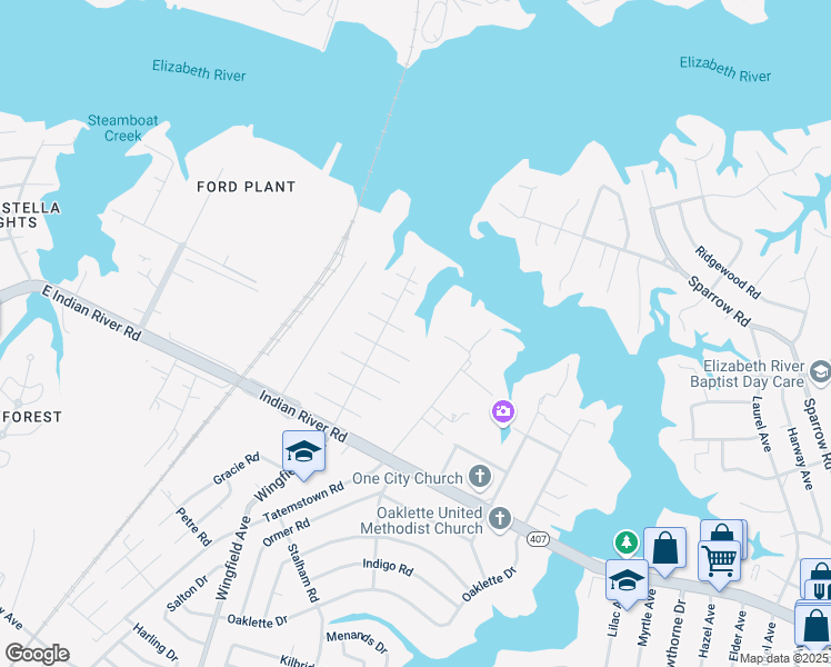 map of restaurants, bars, coffee shops, grocery stores, and more near 3000 Montclair Avenue in Chesapeake