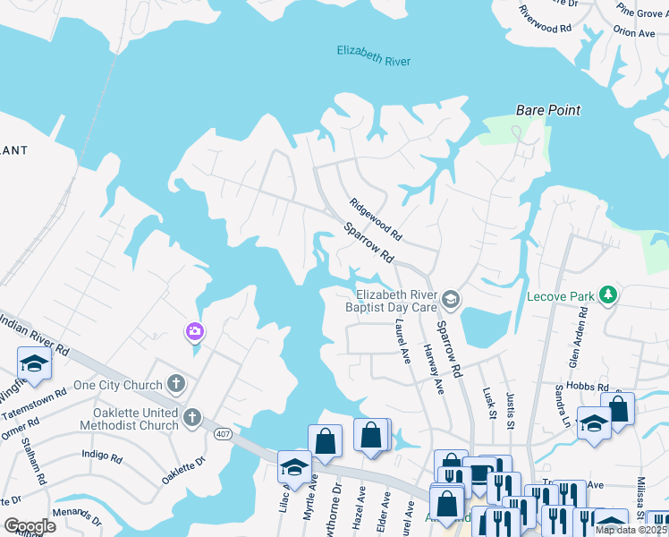 map of restaurants, bars, coffee shops, grocery stores, and more near 4216 Goldcrest Drive in Chesapeake