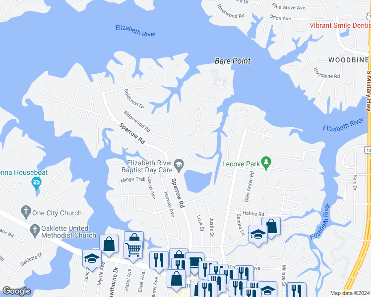 map of restaurants, bars, coffee shops, grocery stores, and more near 824 East Sparrow Road in Virginia Beach