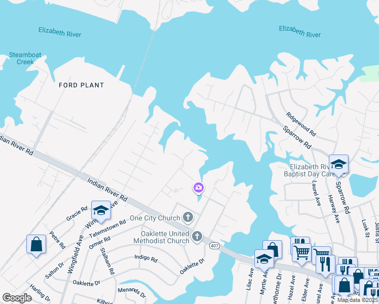 map of restaurants, bars, coffee shops, grocery stores, and more near 316 Kemp Lane in Chesapeake