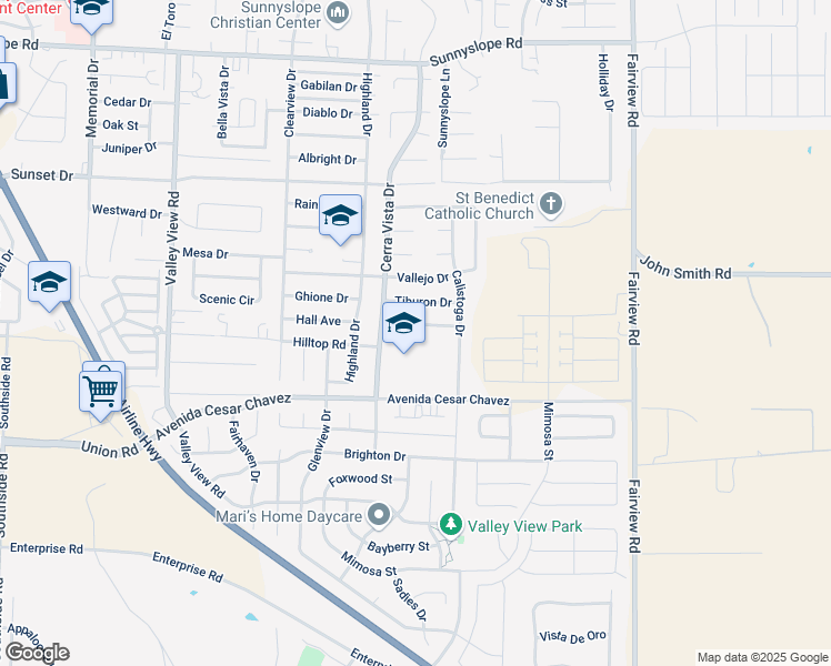 map of restaurants, bars, coffee shops, grocery stores, and more near 2151 Cerra Vista Drive in Hollister