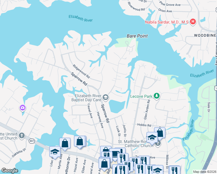 map of restaurants, bars, coffee shops, grocery stores, and more near 752 East Sparrow Road in Chesapeake
