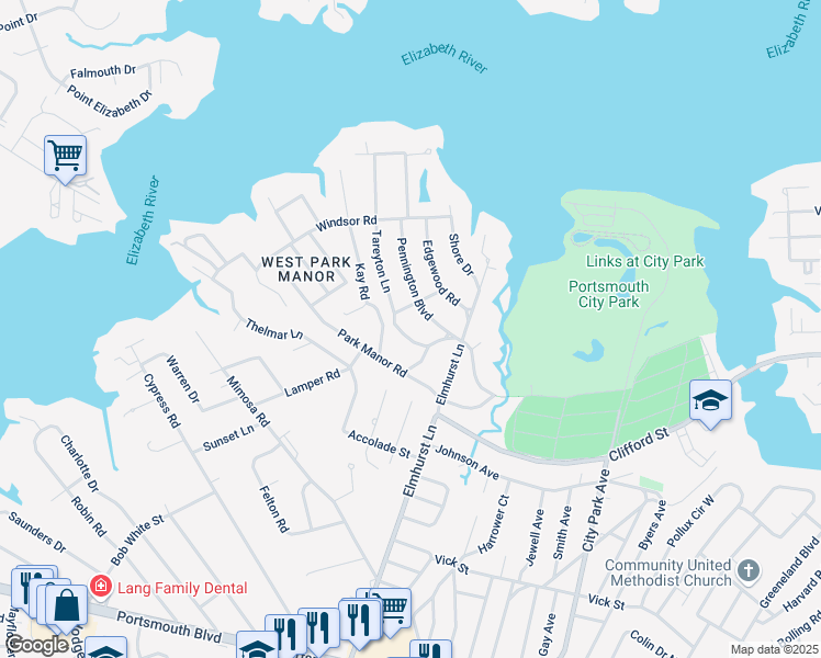 map of restaurants, bars, coffee shops, grocery stores, and more near 216 Tareyton Lane in Portsmouth