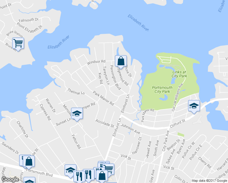 map of restaurants, bars, coffee shops, grocery stores, and more near 216 Tareyton Lane in Portsmouth