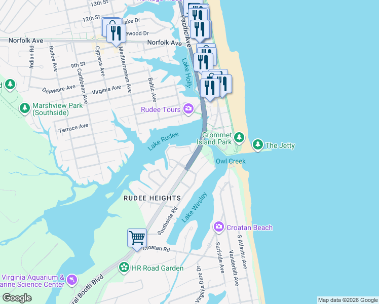 map of restaurants, bars, coffee shops, grocery stores, and more near 408 Harbour Point in Virginia Beach