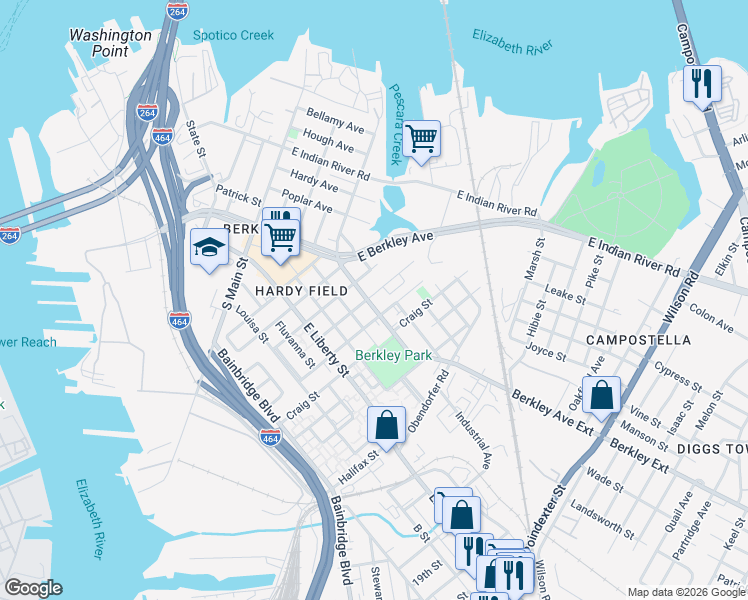 map of restaurants, bars, coffee shops, grocery stores, and more near 625 Culpepper Street in Norfolk